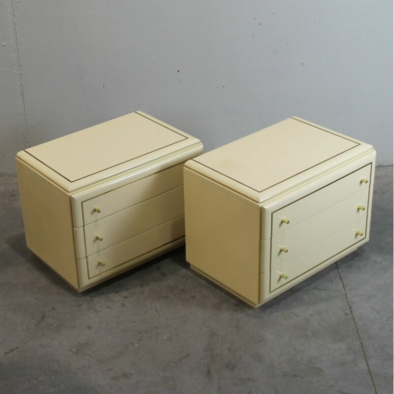 Set of 2 vintage bedside tables in lacquered wood and gold metal - 1970s