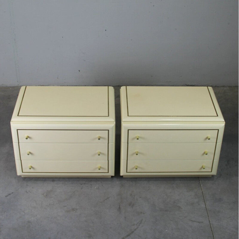 Set of 2 vintage bedside tables in lacquered wood and gold metal - 1970s