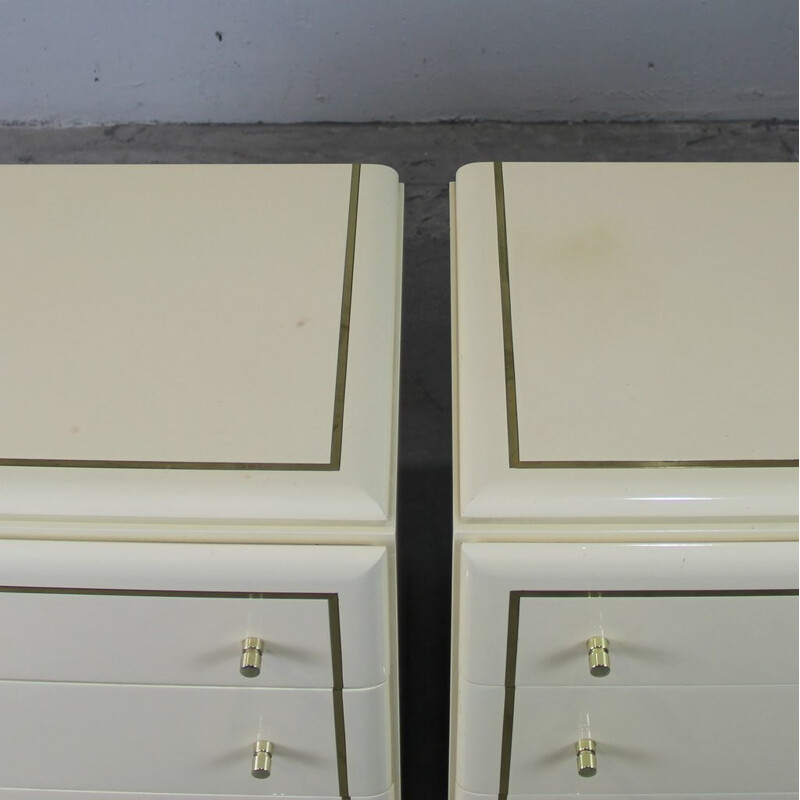 Set of 2 vintage bedside tables in lacquered wood and gold metal - 1970s