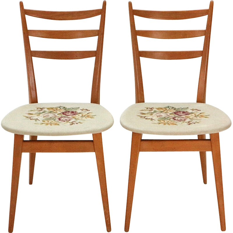 Vintage set of 2 dining chairs in beechwood with floral pattern - 1950s