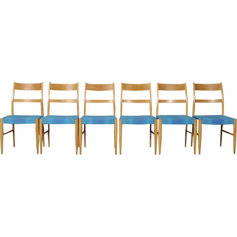 Suite de 6 chaises à repas vintage bleu en chêne - 1960