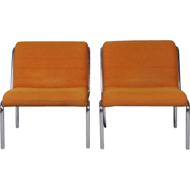 Set of 2 vintage easy chairs in orange fabric - 1970s
