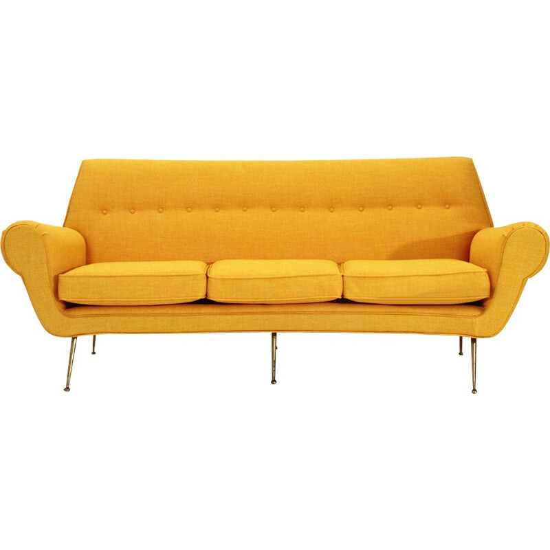 Italian 3-Seater Velvet Sofa with Brass Feet - 1950s