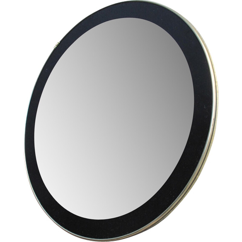 Vintage round mirror with black frame and golden edge - 1960s