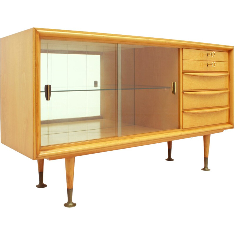 Vintage cherry wood sideboard with glass doors, 1950