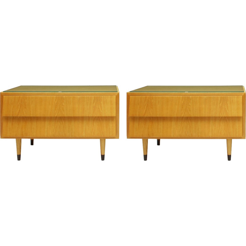 Pair Of Ash Wood Nightstands With Glass Tops - 1950s