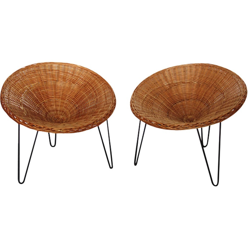 Set of 2 vintage "shell" armchairs in rattan - 1960s