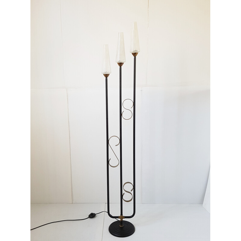 Lampadaire vintage en acier & verre - 1950