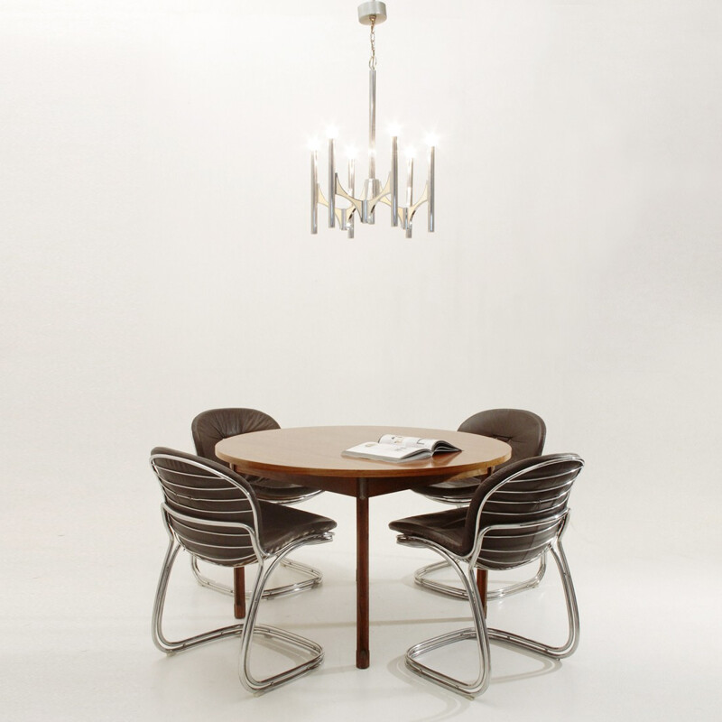 Round Wood & Aluminum Table by Georges Coslin for 3V Arredamenti - 1960s