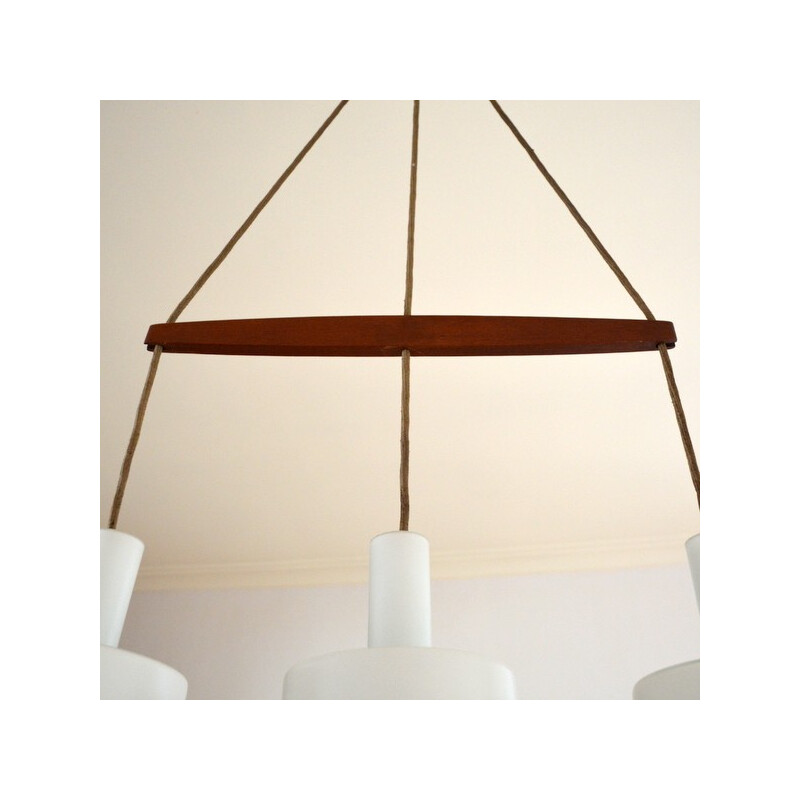 Hanging lamp in teak and opaline - 1960s