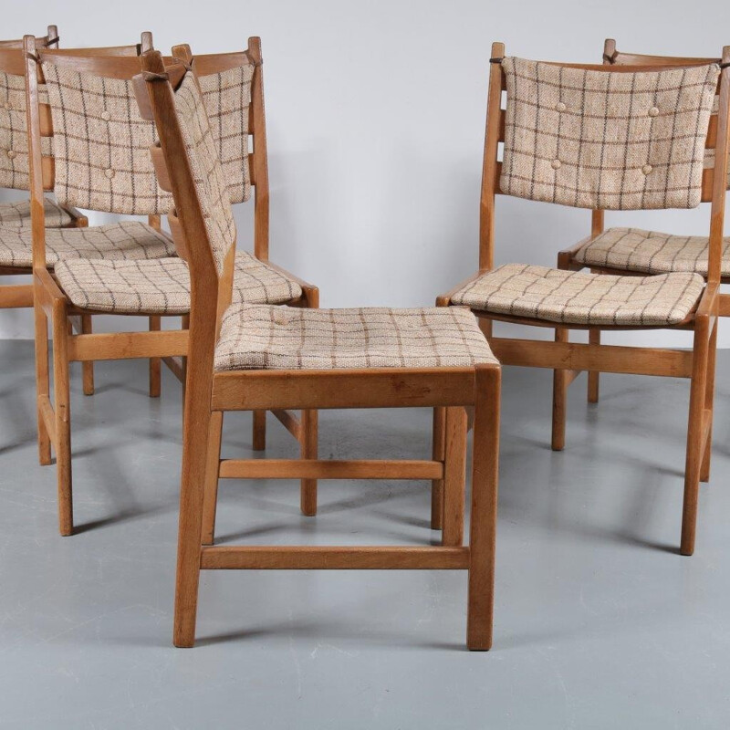 Vintage set of 6 dining chairs in oak with cushions - 1950s 