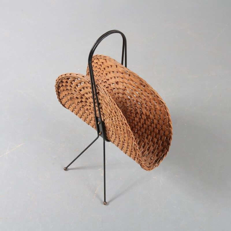 Vintage curved rattan magazine rack - 1950s 