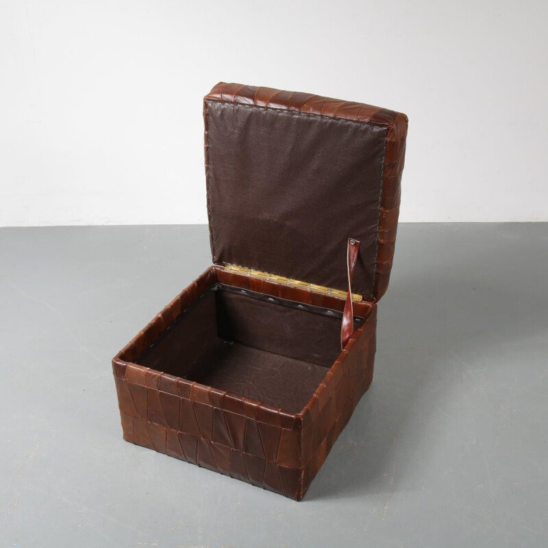 Vintage patchwork leather pouf storage box by De Sede - 1970s