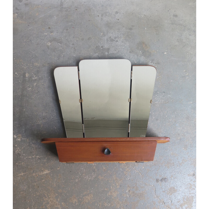 Three parts vintage foldable mirror with shelf and drawer - 1960s