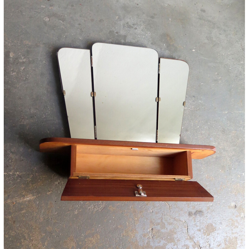 Three parts vintage foldable mirror with shelf and drawer - 1960s