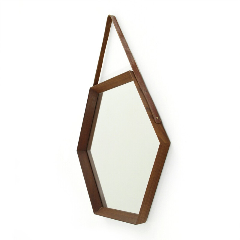 Italian hexagonal mirror with teak frame - 1960s