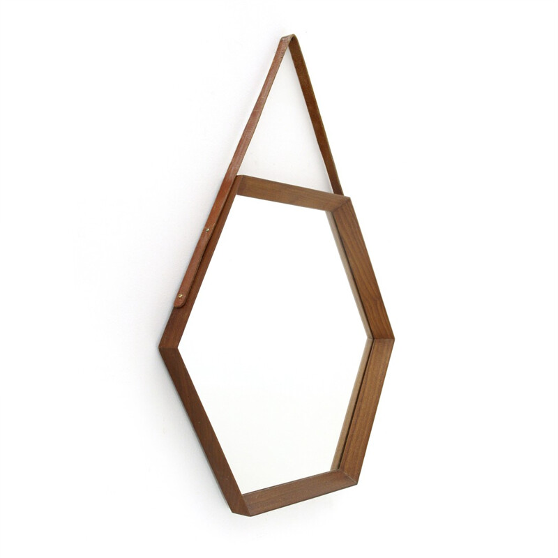 Italian hexagonal mirror with teak frame - 1960s