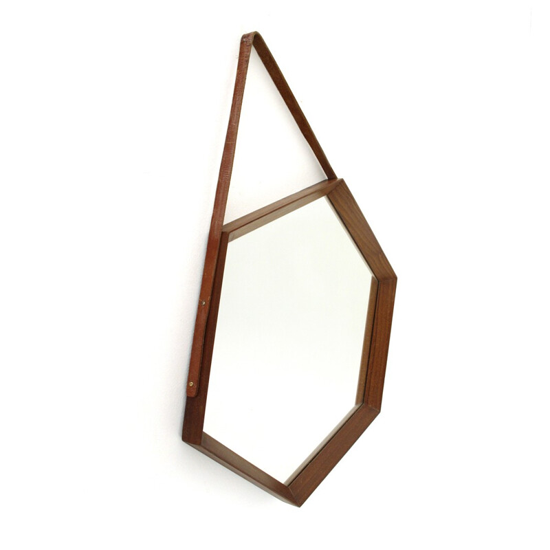 Italian hexagonal mirror with teak frame - 1960s