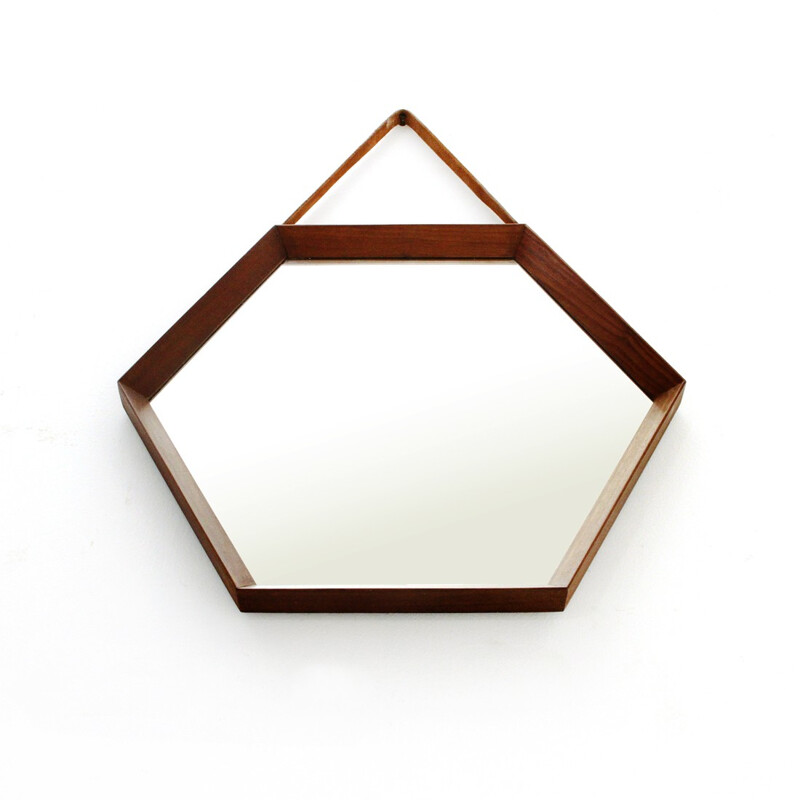 Italian hexagonal mirror with teak frame - 1960s