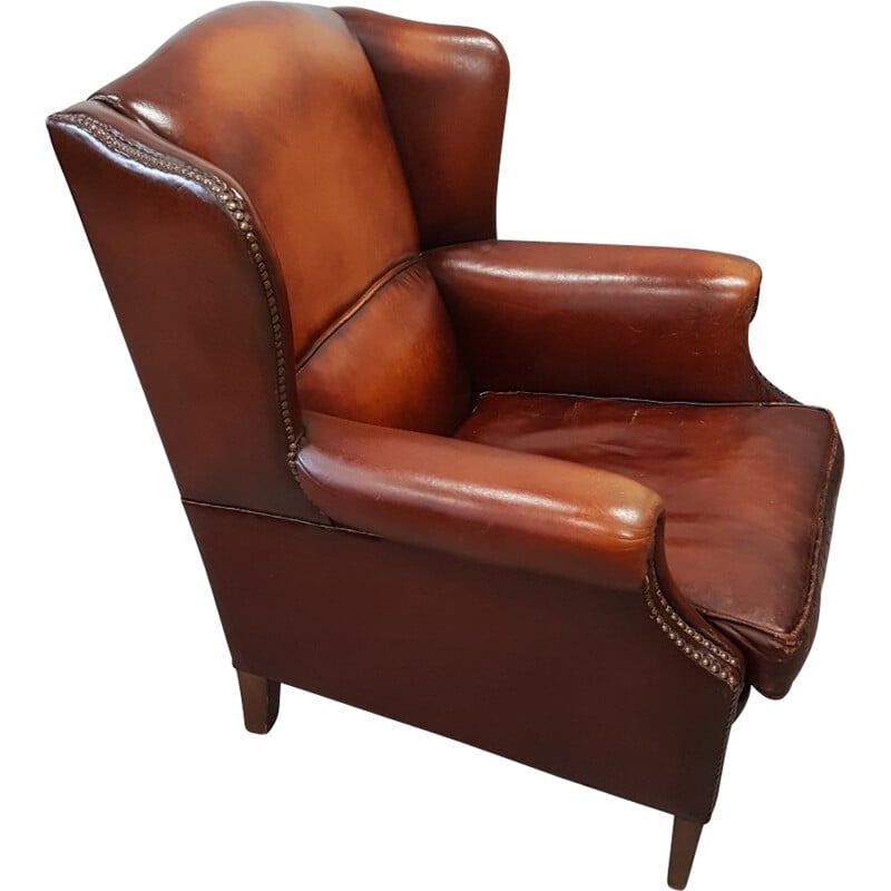 Fauteuil vintage à oreilles en cuir de mouton par Muylaert - 1970