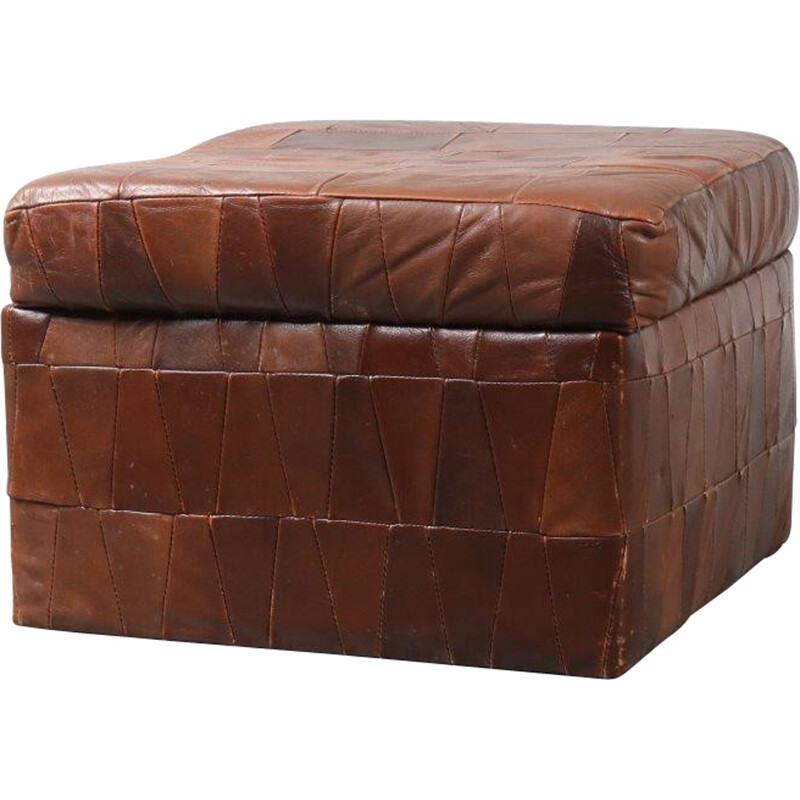 Vintage patchwork leather pouf storage box by De Sede - 1970s