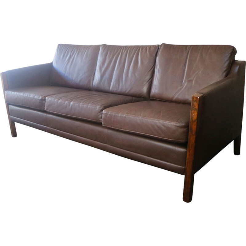Vintage danish brown leather 3 seat sofa - 1970s
