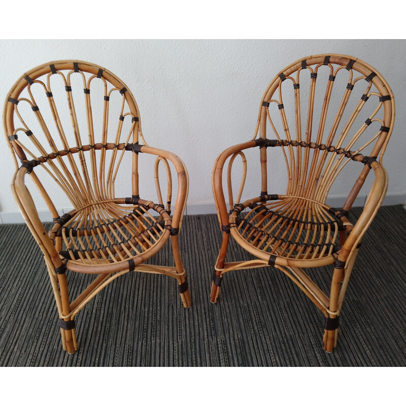 Set of 2 armchairs in rattan and wicker - 1970s