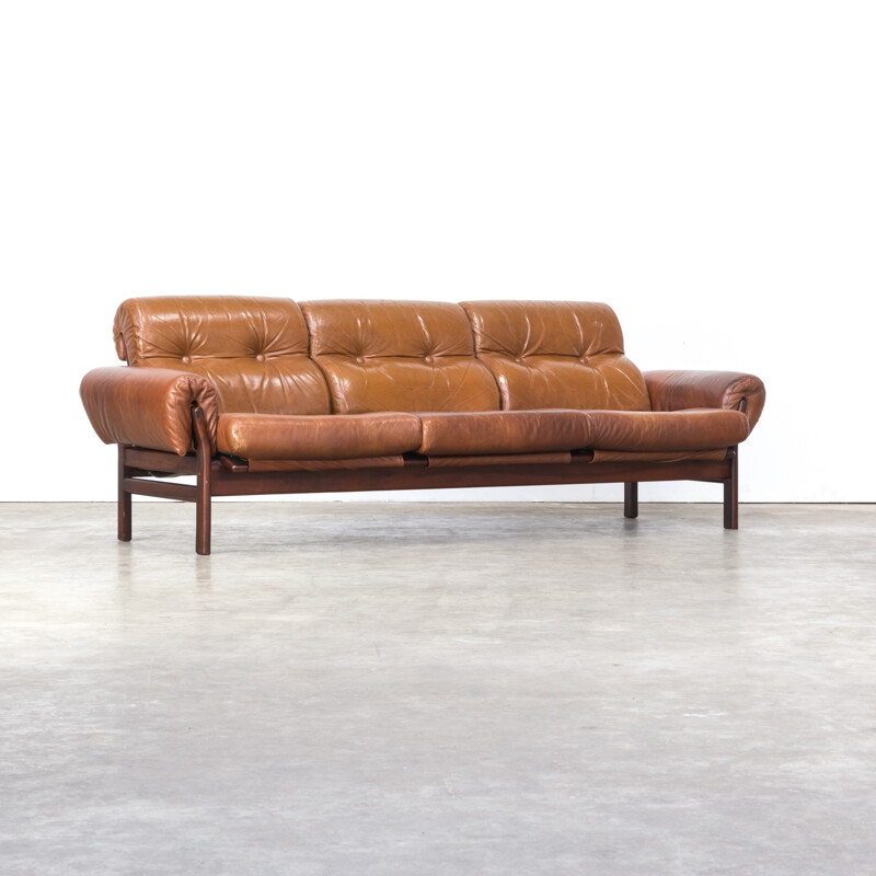 Vintage 3-seater sofa in cognac leather and rosewood framed Arne Norell - 1970s