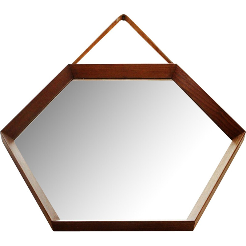 Italian hexagonal mirror with teak frame - 1960s