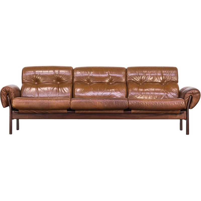 Vintage 3-seater sofa in cognac leather and rosewood framed Arne Norell - 1970s