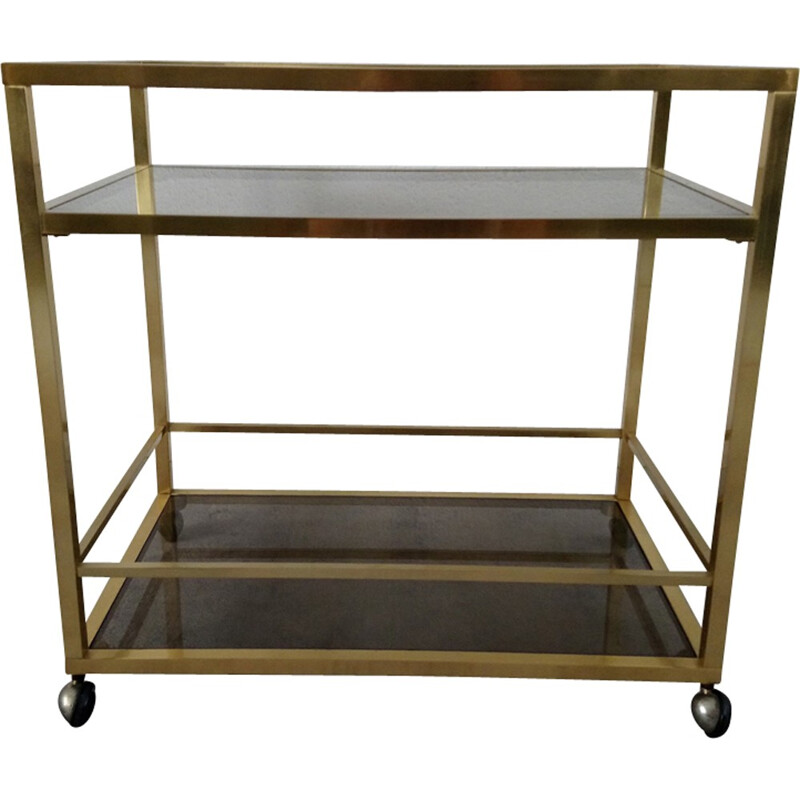 Vintage rolling trolley in golden brass and smoked glass - Italian design - 1970s