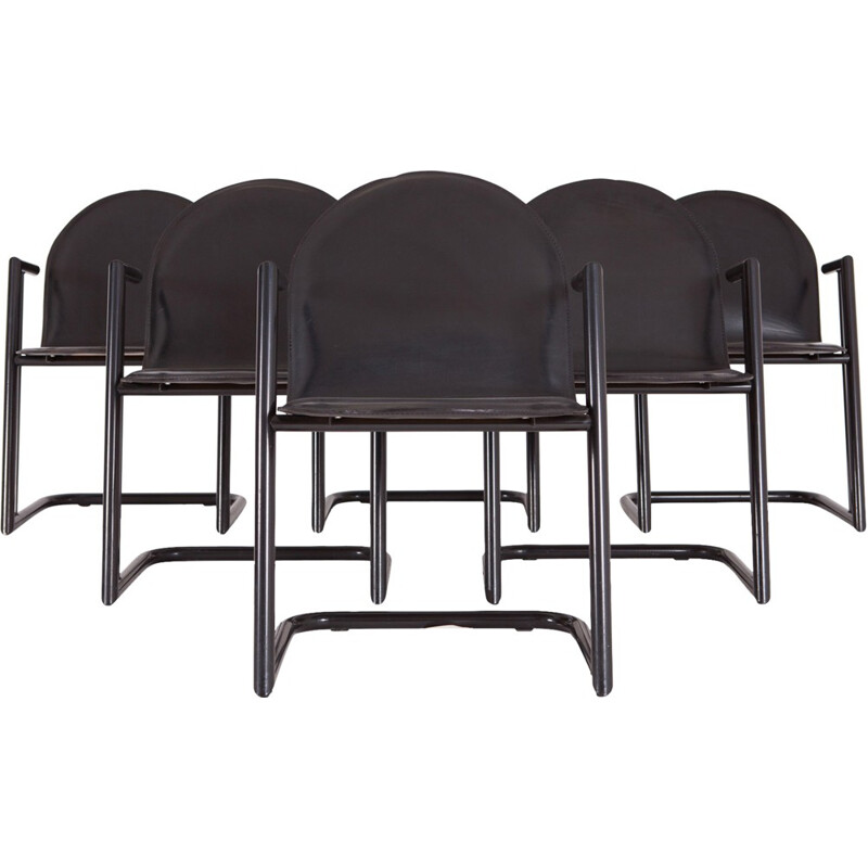 Suite de six chaises vintages à repas en cuir noir - 1970