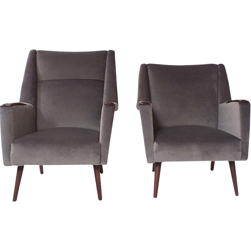 Pair of vintage grey velvet armchairs - 1960s