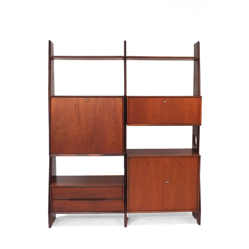 Vintage wall system in teak with 3 uprights - 1960s