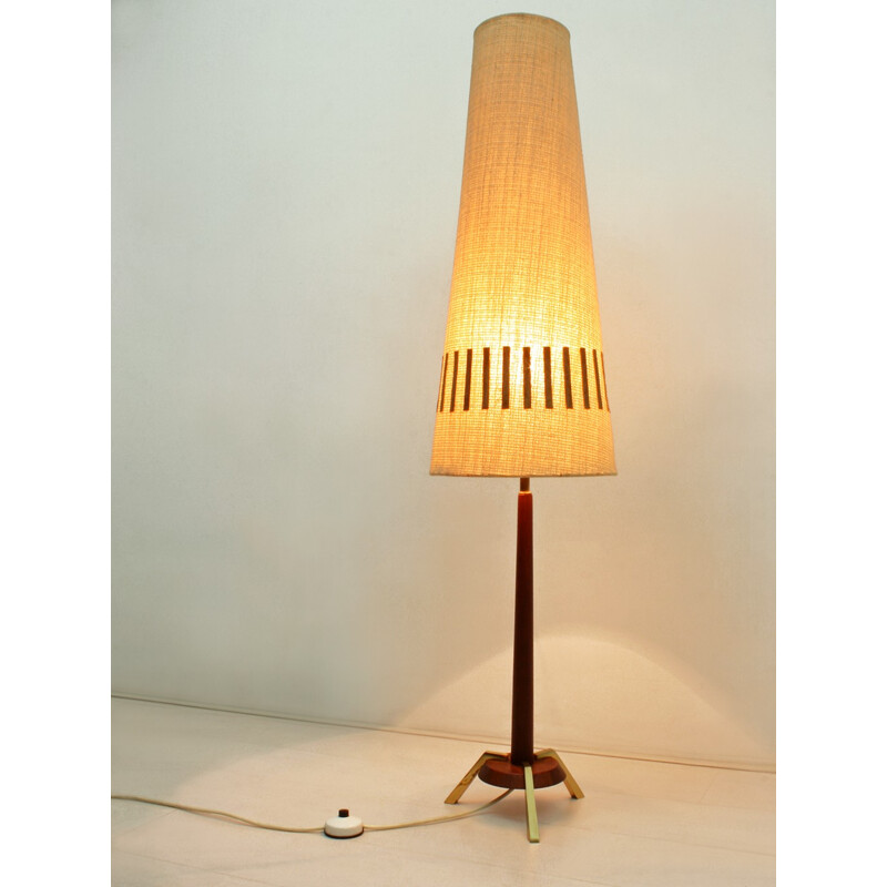 Vintage Teak Floor Lamp With Brass And Leather Details - 1960s