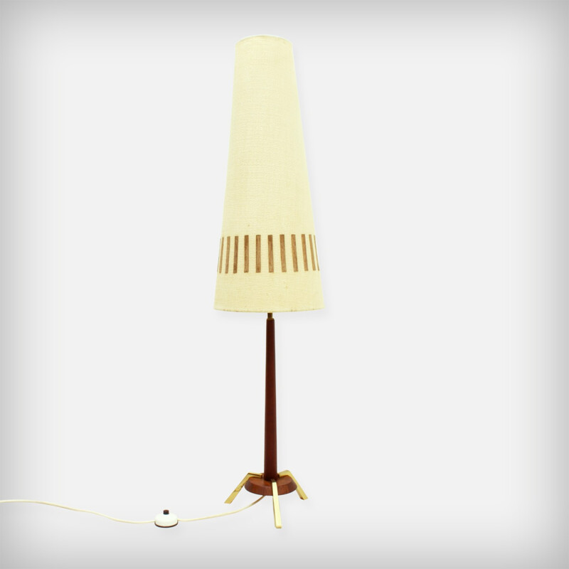 Vintage Teak Floor Lamp With Brass And Leather Details - 1960s