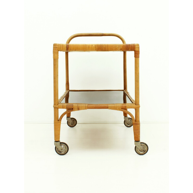 Vintage Rattan & Bamboo Serving Trolley - 1950s