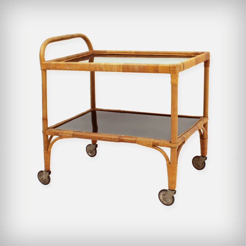 Vintage Rattan & Bamboo Serving Trolley - 1950s