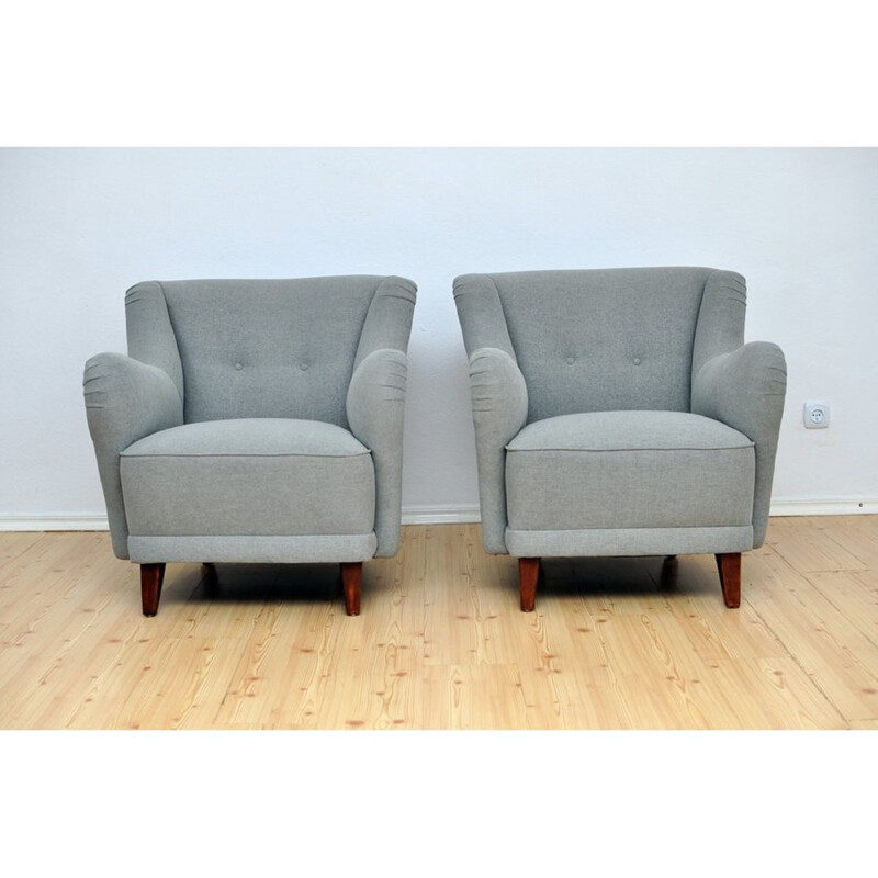 Pair of grey fabric vintage armchairs - 1950s