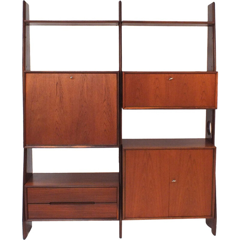 Vintage wall system in teak with 3 uprights - 1960s