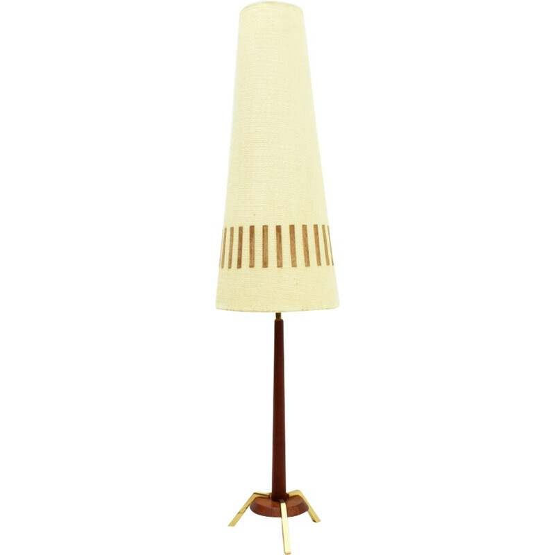 Vintage Teak Floor Lamp With Brass And Leather Details - 1960s