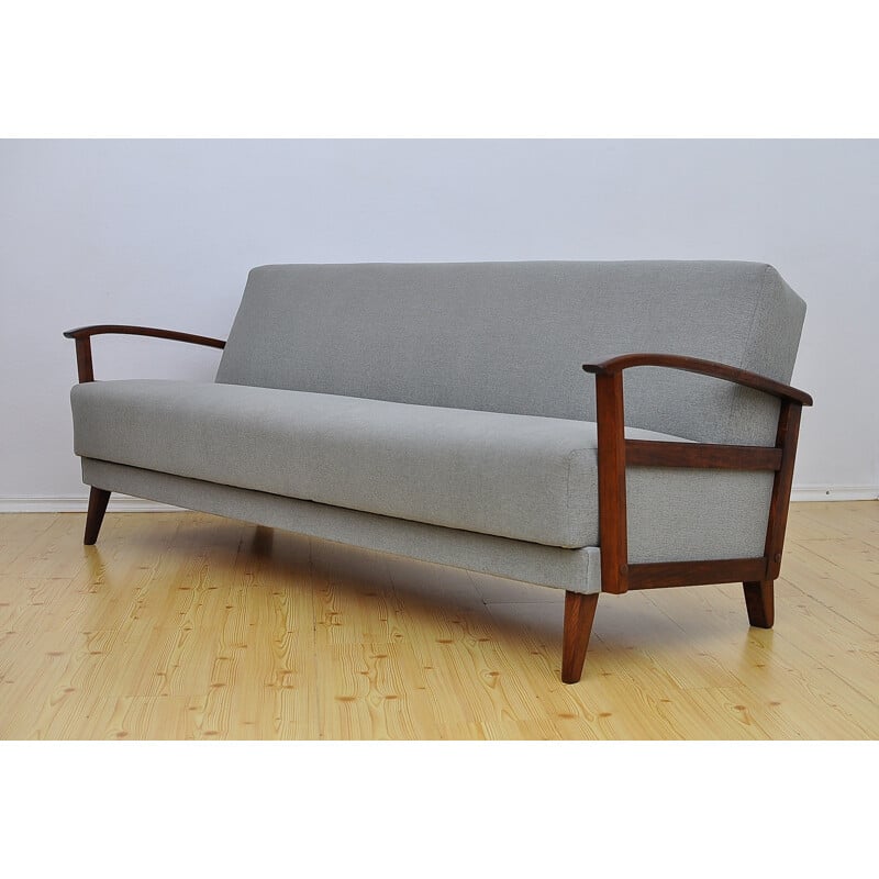 Grey 3 seaters Vinage Sofa Bed in fabric and beech - 1960s