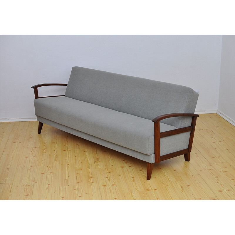 Grey 3 seaters Vinage Sofa Bed in fabric and beech - 1960s