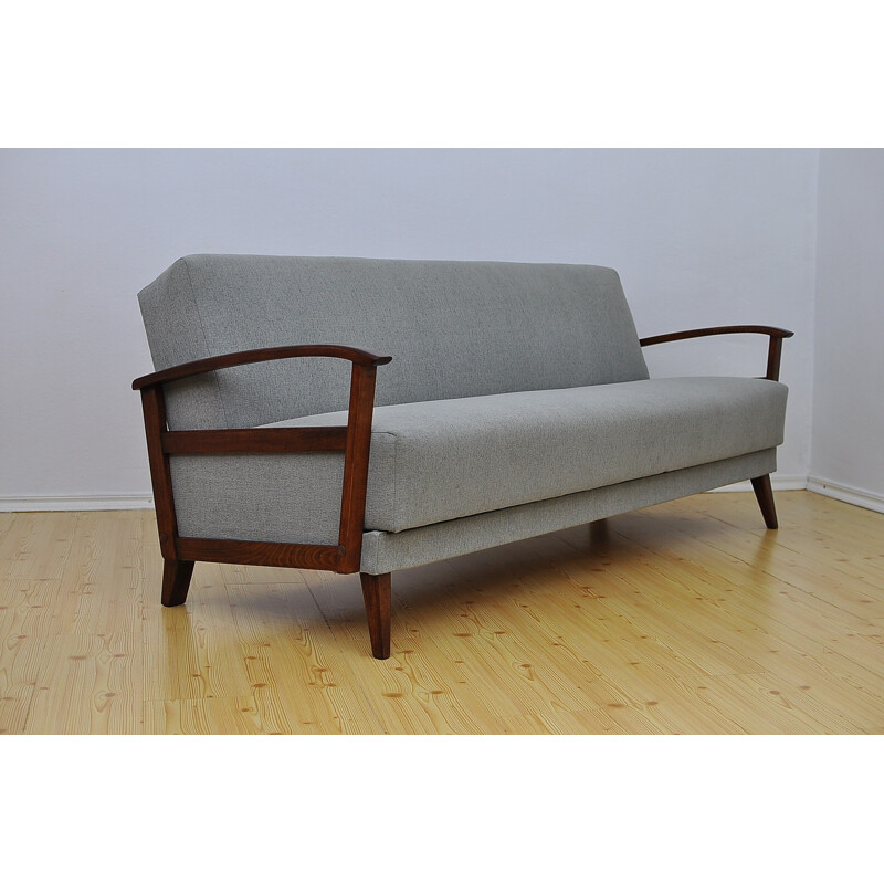 Grey 3 seaters Vinage Sofa Bed in fabric and beech - 1960s