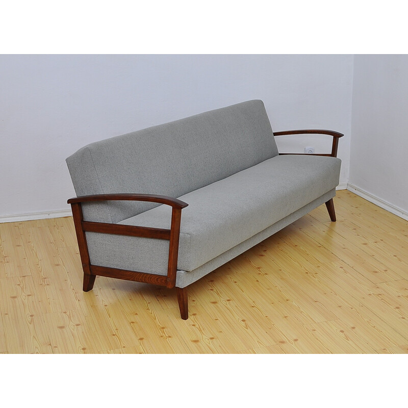 Grey 3 seaters Vinage Sofa Bed in fabric and beech - 1960s