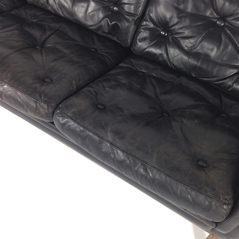 Danish 3-seater sofa in black leather and rosewood, Hans OLSEN - 1950s