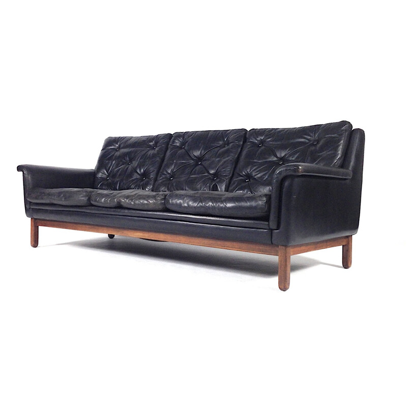 Danish 3-seater sofa in black leather and rosewood, Hans OLSEN - 1950s