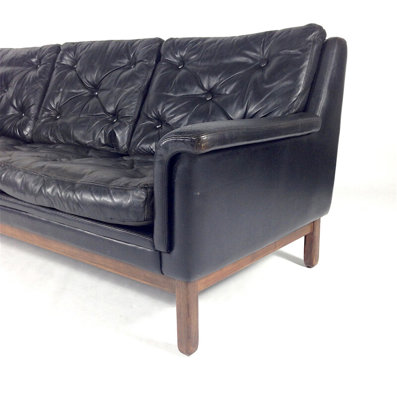 Danish 3-seater sofa in black leather and rosewood, Hans OLSEN - 1950s