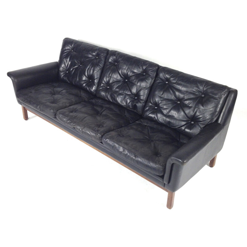 Danish 3-seater sofa in black leather and rosewood, Hans OLSEN - 1950s