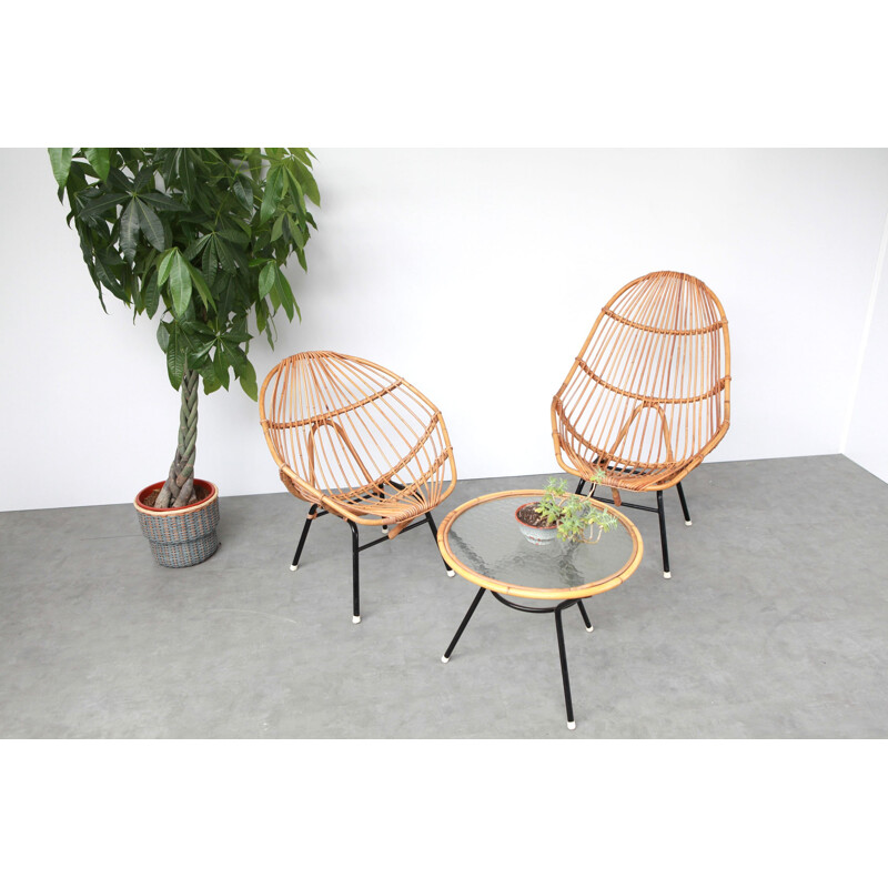 Vintage living room set in rattan - 1960s